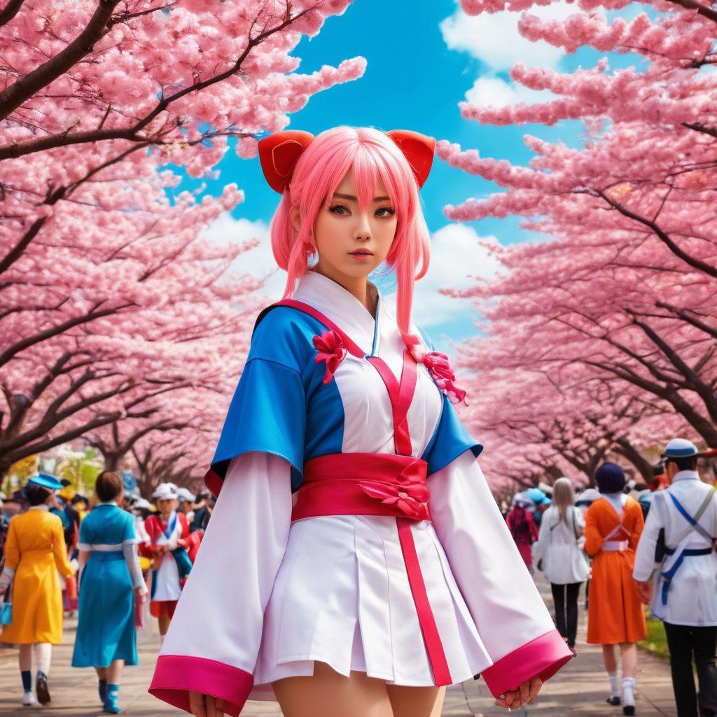 A vibrant collage showcasing an array of cosplayers in detailed anime outfits, interspersed with thought bubbles illustrating popular fan theories. Include iconic anime backgrounds like cherry blossom trees and futuristic cityscapes. Capture the excitement and diversity of anime fandom with expressive characters and colorful visuals. bright colors. 3D. dynamic composition.